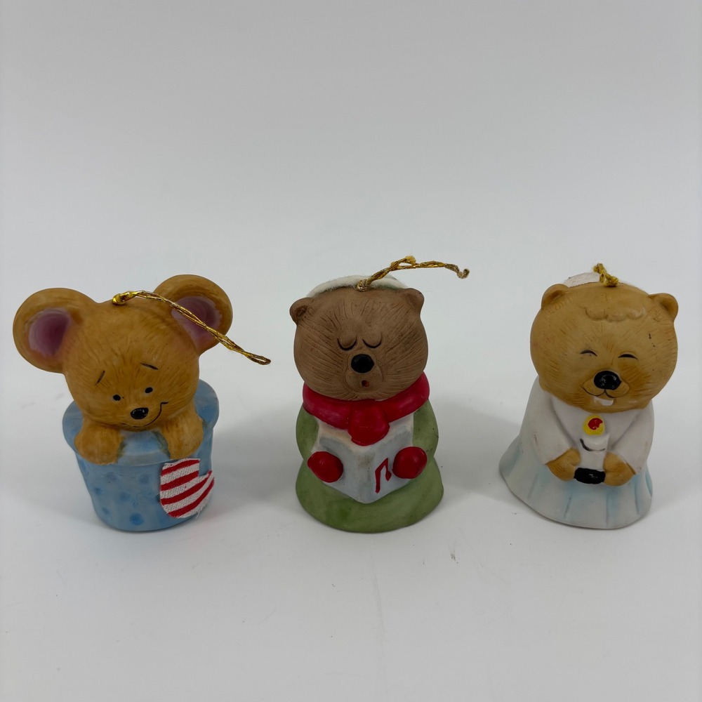 Jasco Christmas Ornament Bells Bisque Bear Mouse Trio Vintage Cottagecore Cute